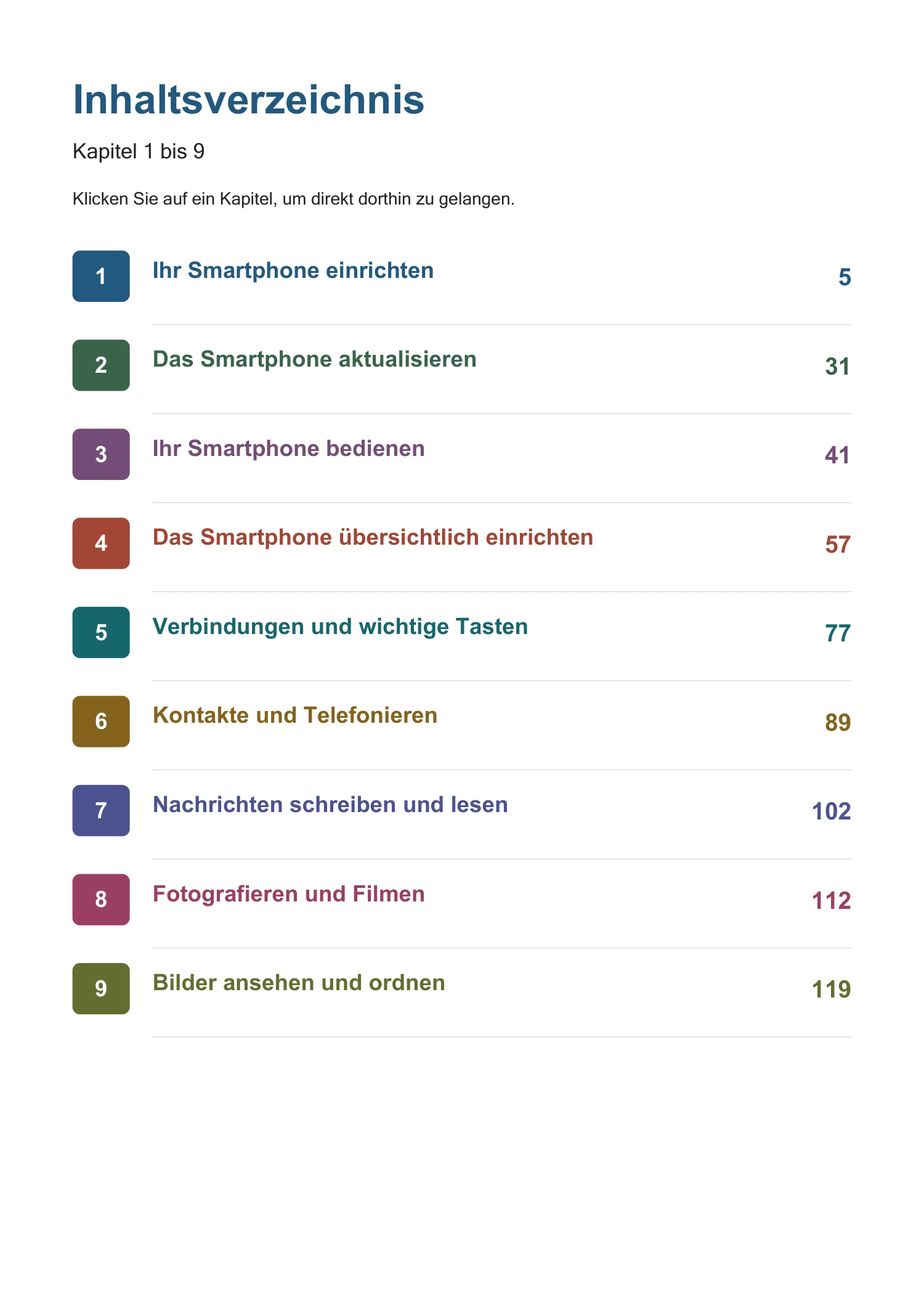 Für Samsung Galaxy A17 – Die Komplettanleitung für Senioren – PDF 3 Inhaltsverzeichnis der Samsung Galaxy A17 Anleitung – Kapitel 1 bis 9