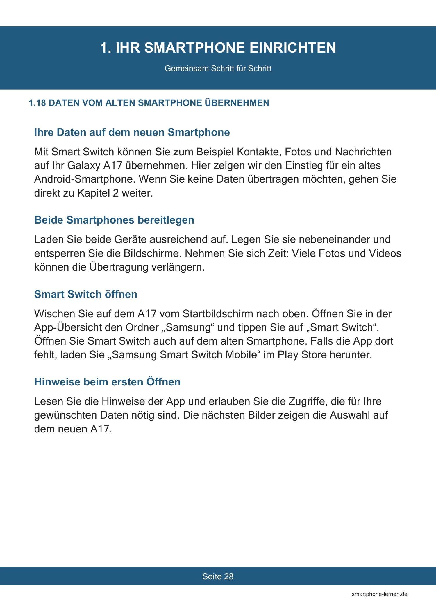 Für Samsung Galaxy A17 – Die Komplettanleitung für Senioren – PDF 5 Samsung Galaxy A17 Anleitung, Seite 28: Daten mit Smart Switch übernehmen