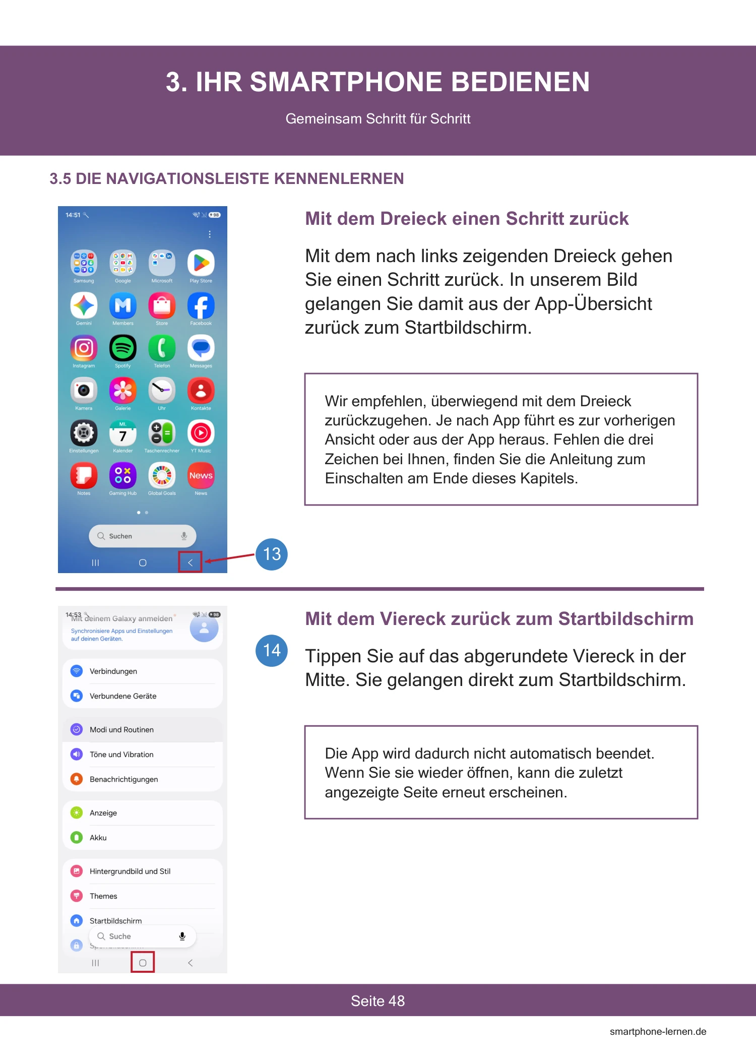 Für Samsung Galaxy A17 – Die Komplettanleitung für Senioren – PDF 6 Samsung Galaxy A17 Anleitung, Seite 48: Zurück-Taste und Startbildschirm verstehen