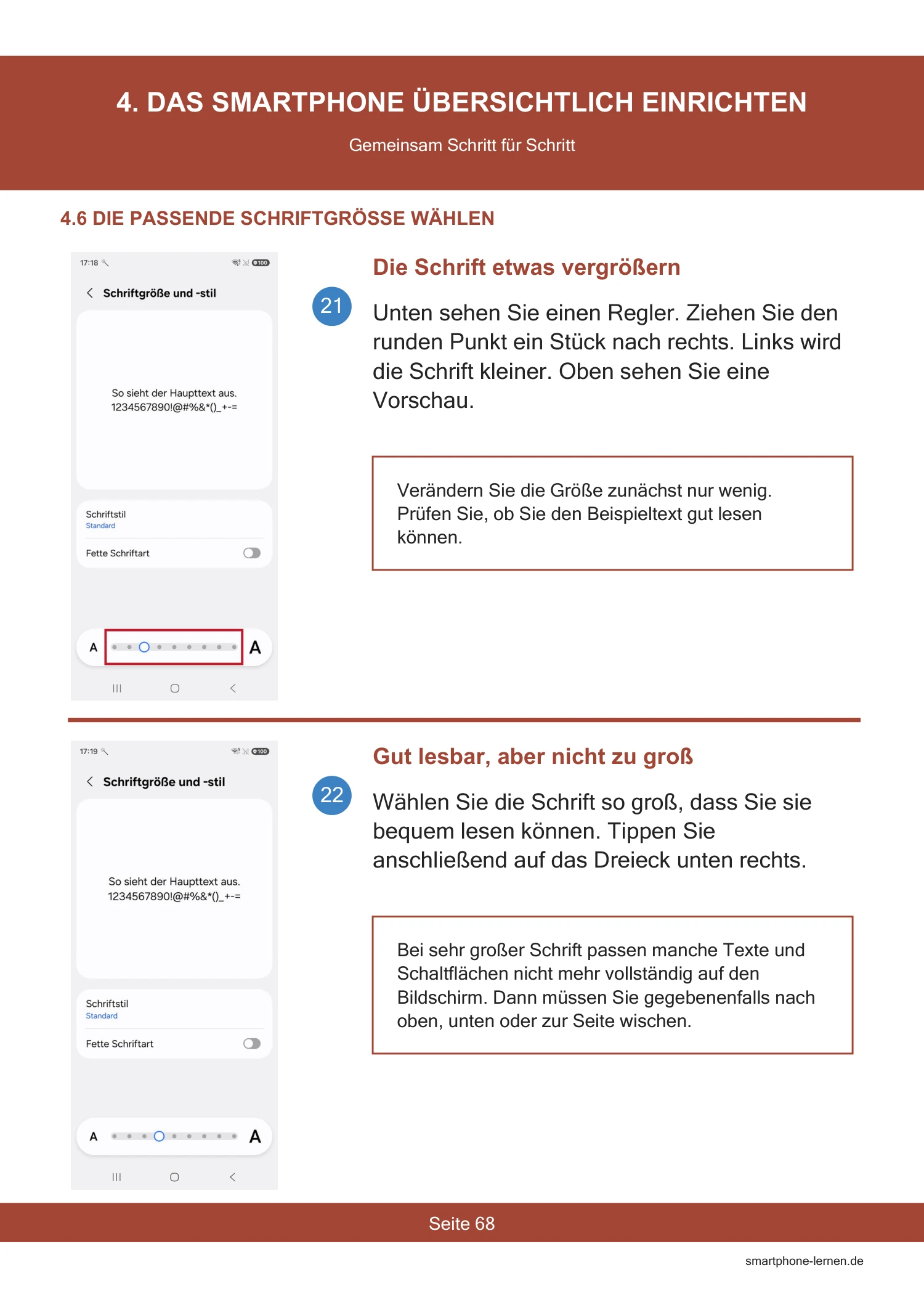 Für Samsung Galaxy A17 – Die Komplettanleitung für Senioren – PDF 8 Samsung Galaxy A17 Anleitung, Seite 68: Schrift vergrößern und Lesbarkeit prüfen