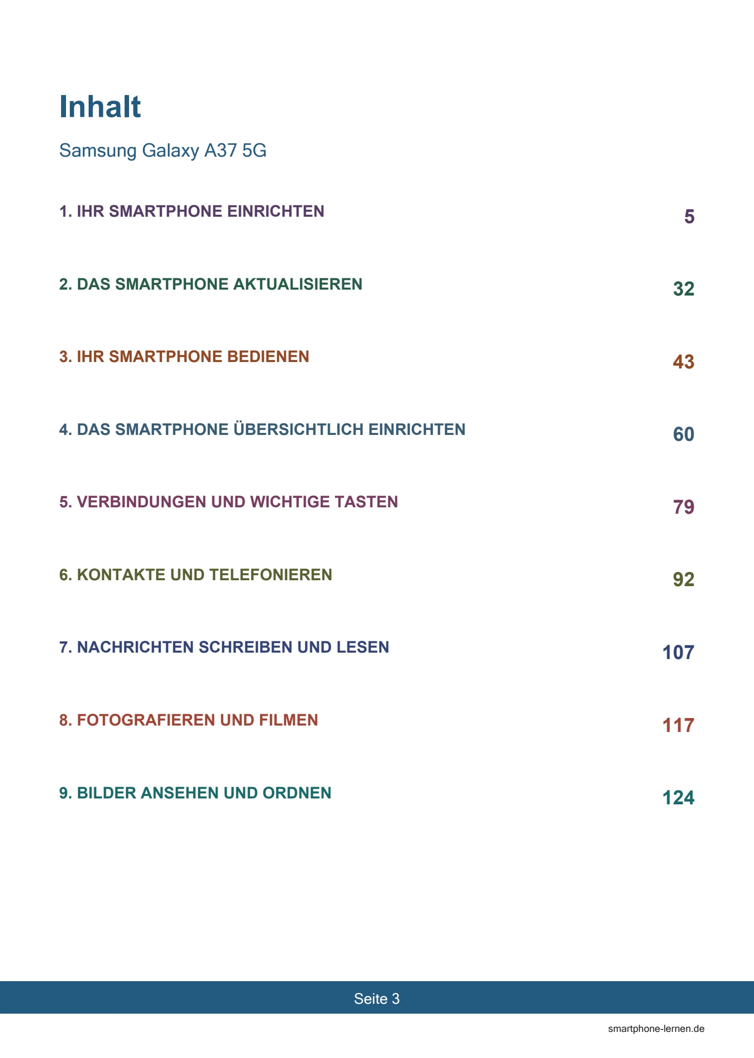 Samsung Galaxy A37 5G – Persönlich einrichten und nutzen | PDF-Anleitung 2 Samsung Galaxy A37 5G – Inhaltsverzeichnis, Kapitel 1 bis 9 (Buchseite 3)