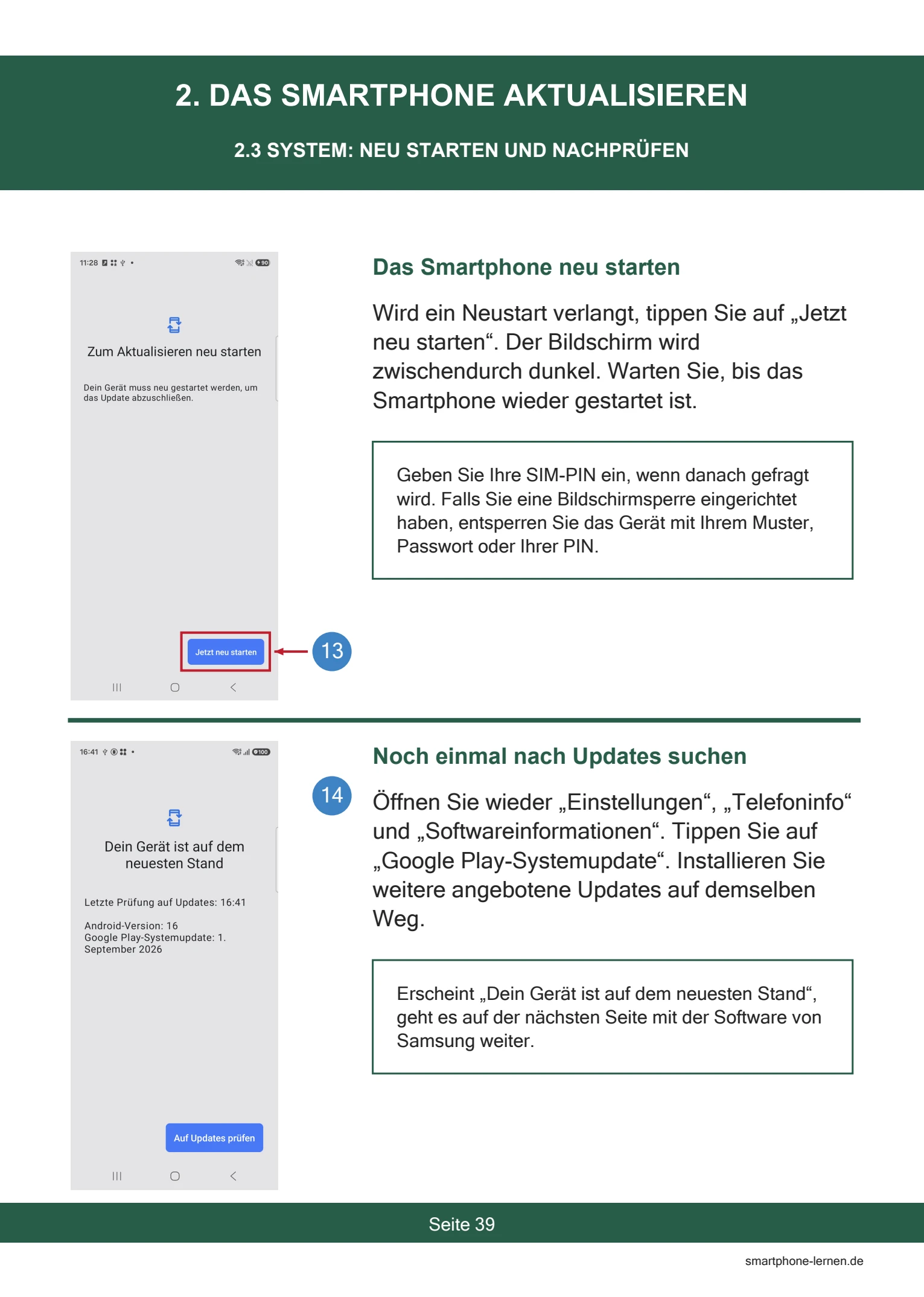 Samsung Galaxy A37 5G – Persönlich einrichten und nutzen | PDF-Anleitung 4 Samsung Galaxy A37 5G – Neustart und Updates nachprüfen (Buchseite 39)