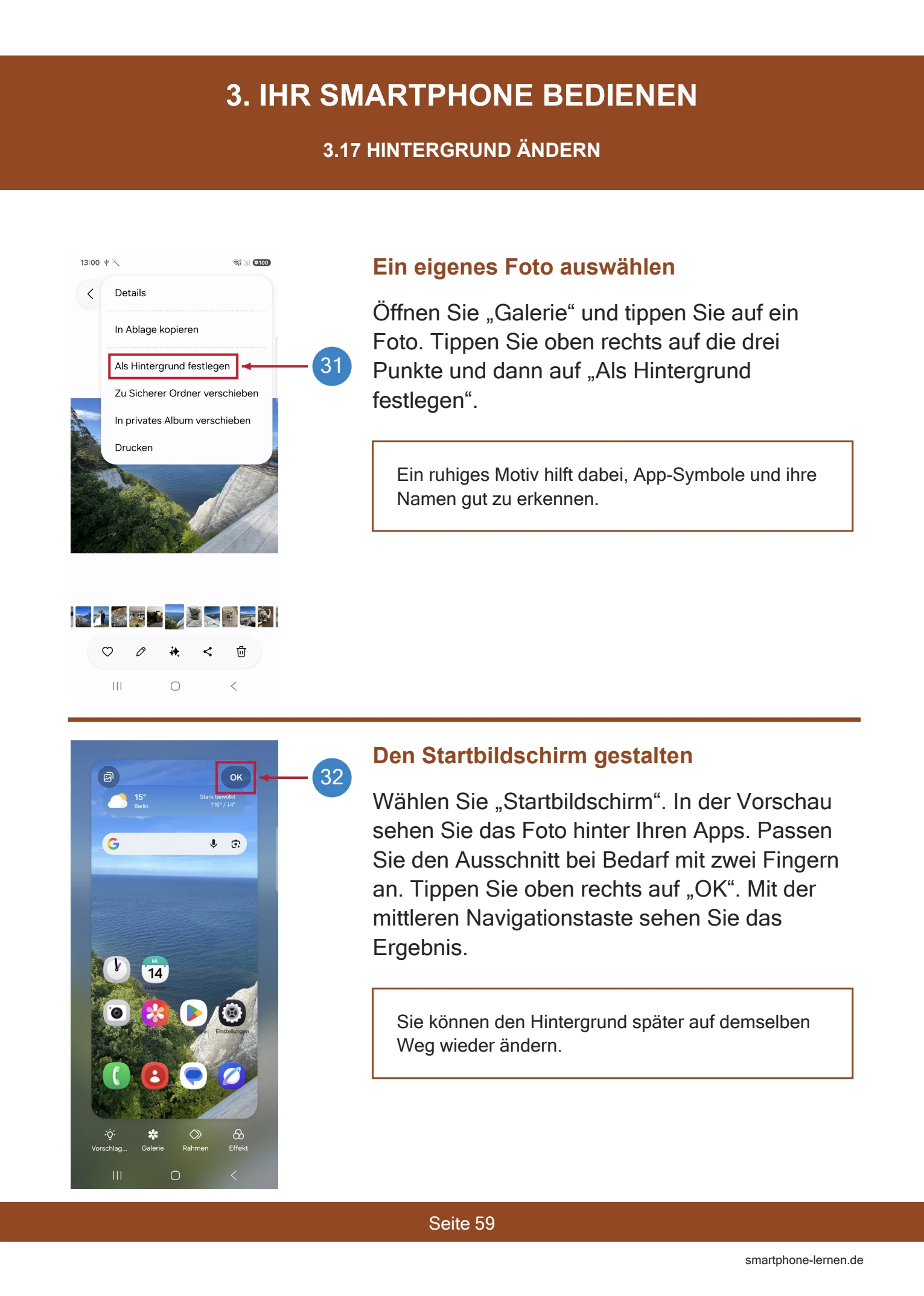 Samsung Galaxy A37 5G – Persönlich einrichten und nutzen | PDF-Anleitung 5 Samsung Galaxy A37 5G – Ein eigenes Foto als Hintergrund festlegen (Buchseite 59)