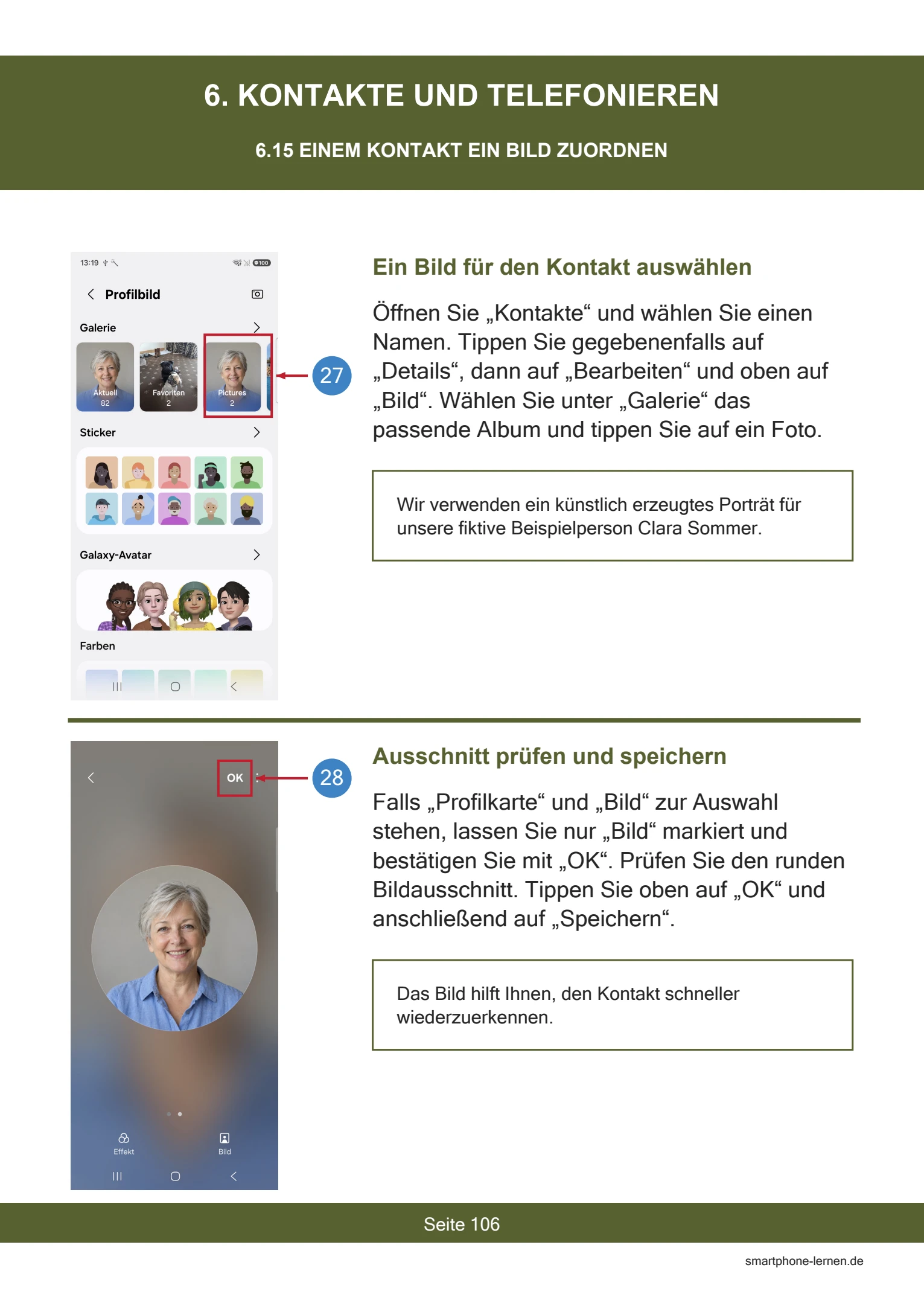 Samsung Galaxy A37 5G – Persönlich einrichten und nutzen | PDF-Anleitung 6 Samsung Galaxy A37 5G – Einem Kontakt ein Bild zuordnen (Buchseite 106)