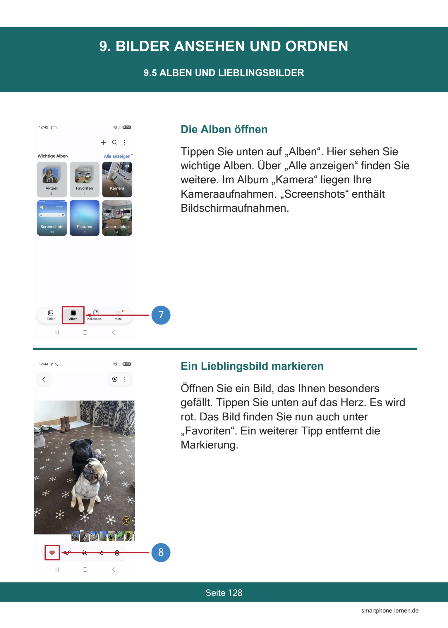Samsung Galaxy A37 5G – Persönlich einrichten und nutzen | PDF-Anleitung 7 Samsung Galaxy A37 5G – Alben öffnen und Lieblingsbilder markieren (Buchseite 128)
