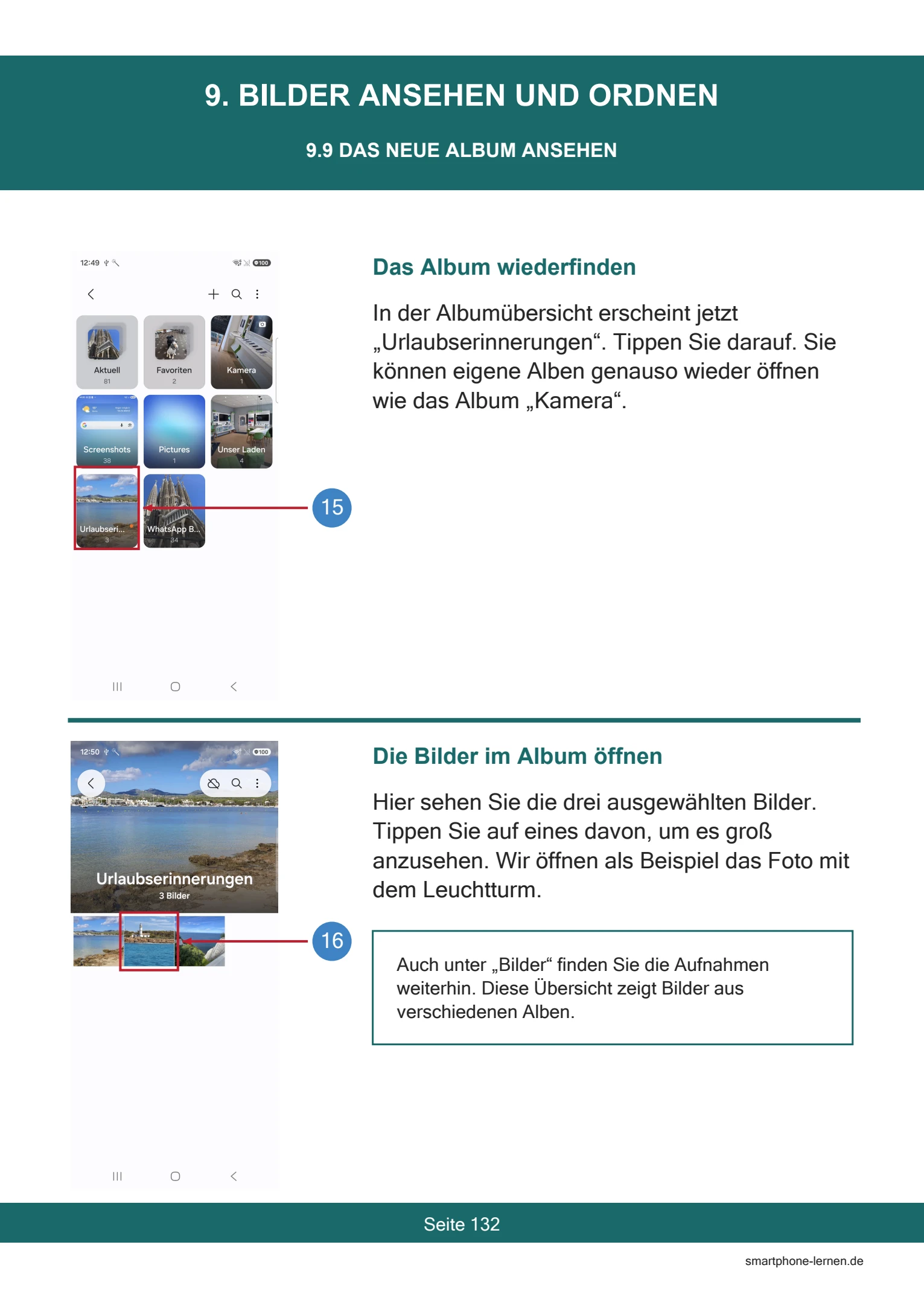 Samsung Galaxy A37 5G – Persönlich einrichten und nutzen | PDF-Anleitung 8 Samsung Galaxy A37 5G – Ein neues Fotoalbum wiederfinden (Buchseite 132)