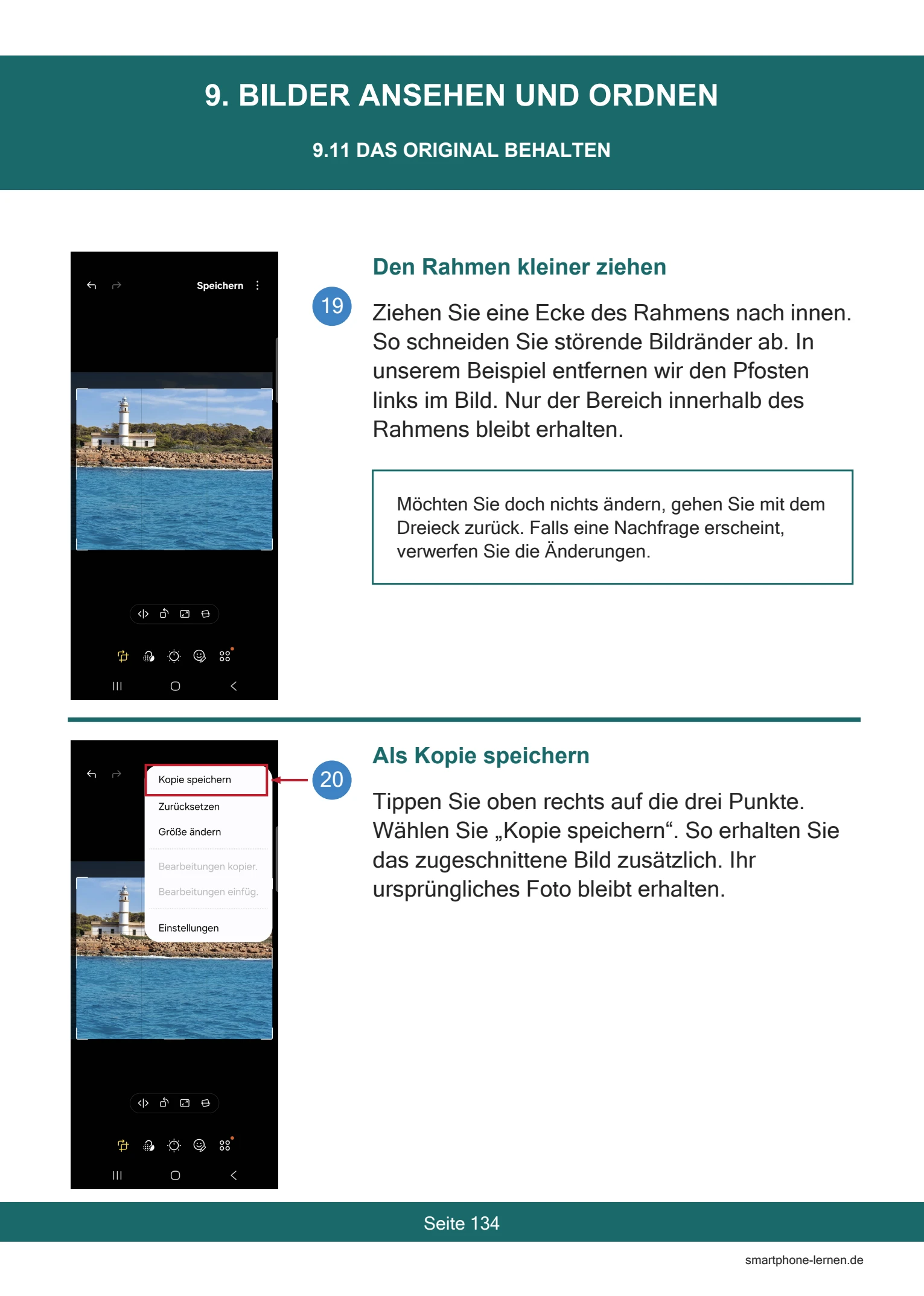 Samsung Galaxy A37 5G – Persönlich einrichten und nutzen | PDF-Anleitung 9 Samsung Galaxy A37 5G – Bildausschnitt bearbeiten und Original behalten (Buchseite 134)