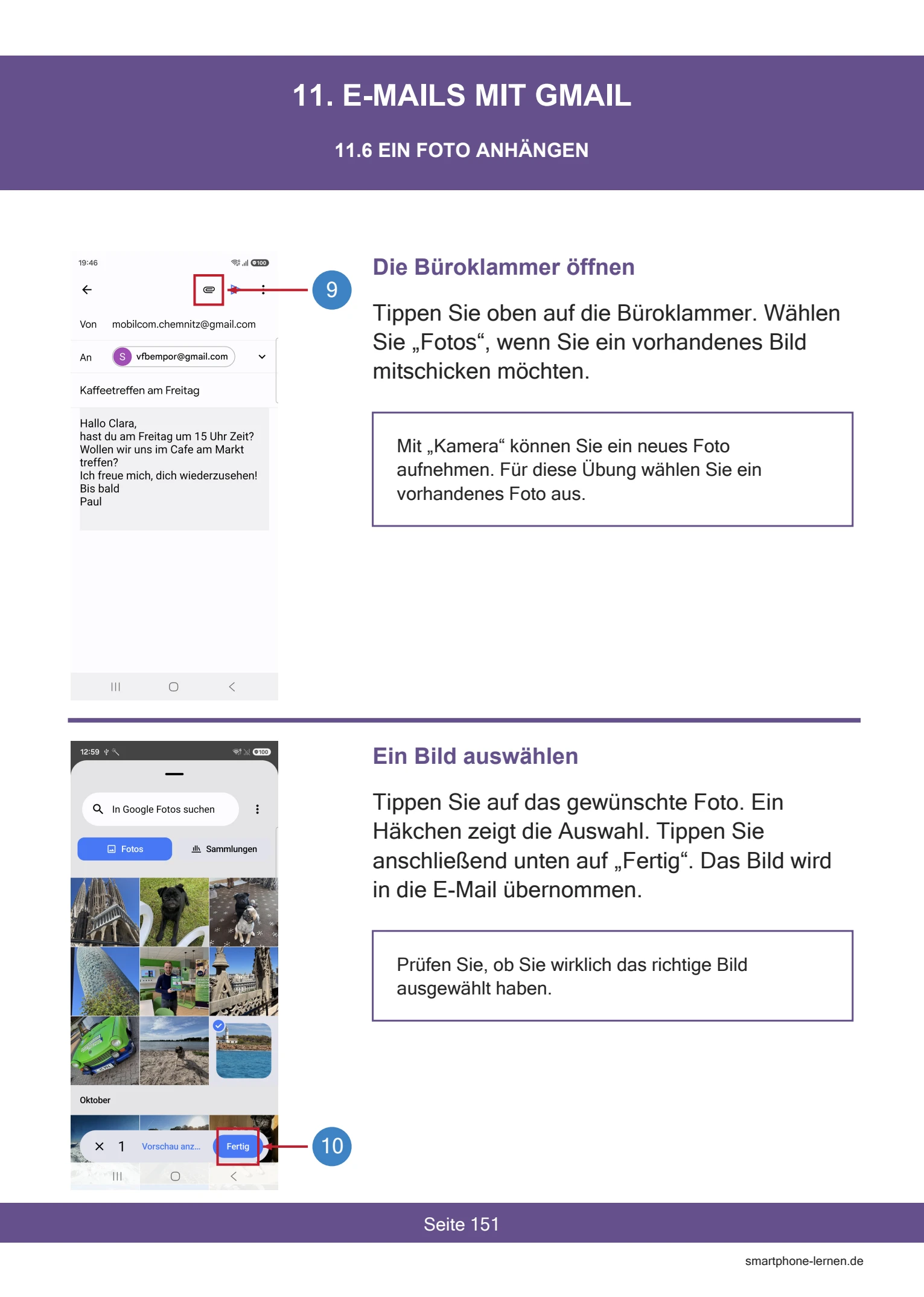 Samsung Galaxy A37 5G – Persönlich einrichten und nutzen | PDF-Anleitung 10 Samsung Galaxy A37 5G – Ein Foto an eine E-Mail anhängen (Buchseite 151)