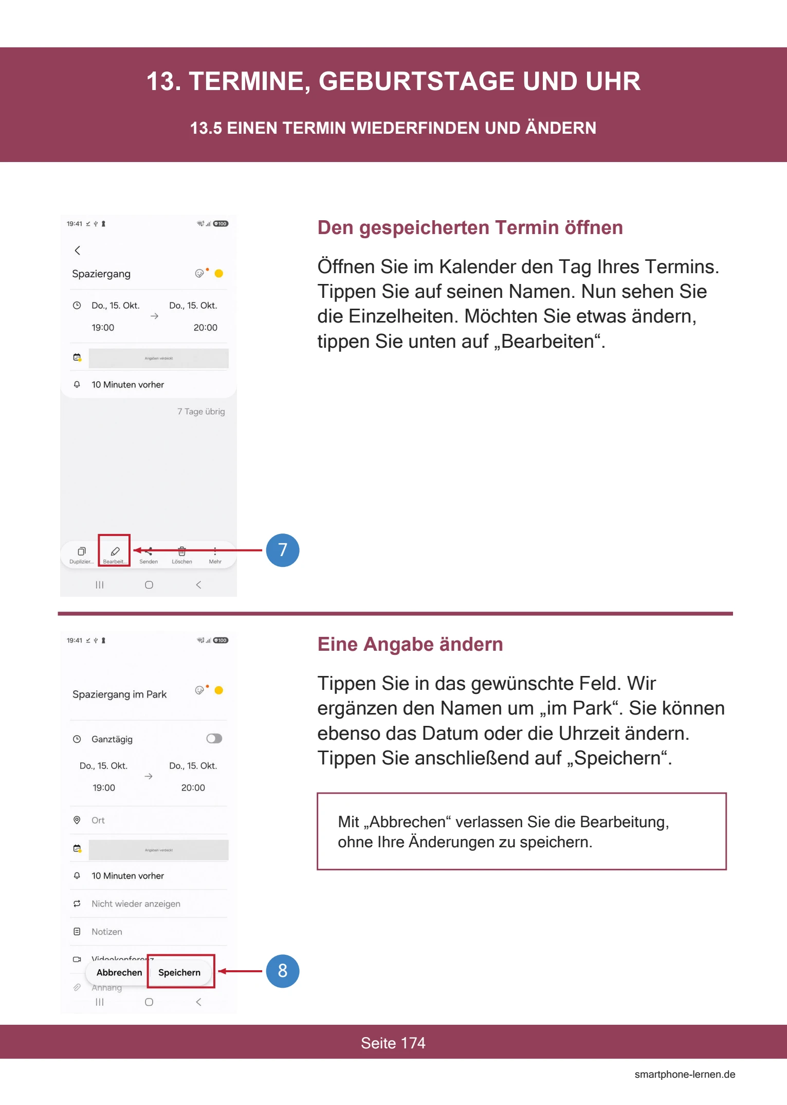 Samsung Galaxy A37 5G – Persönlich einrichten und nutzen | PDF-Anleitung 11 Samsung Galaxy A37 5G – Einen Termin wiederfinden und ändern (Buchseite 174)
