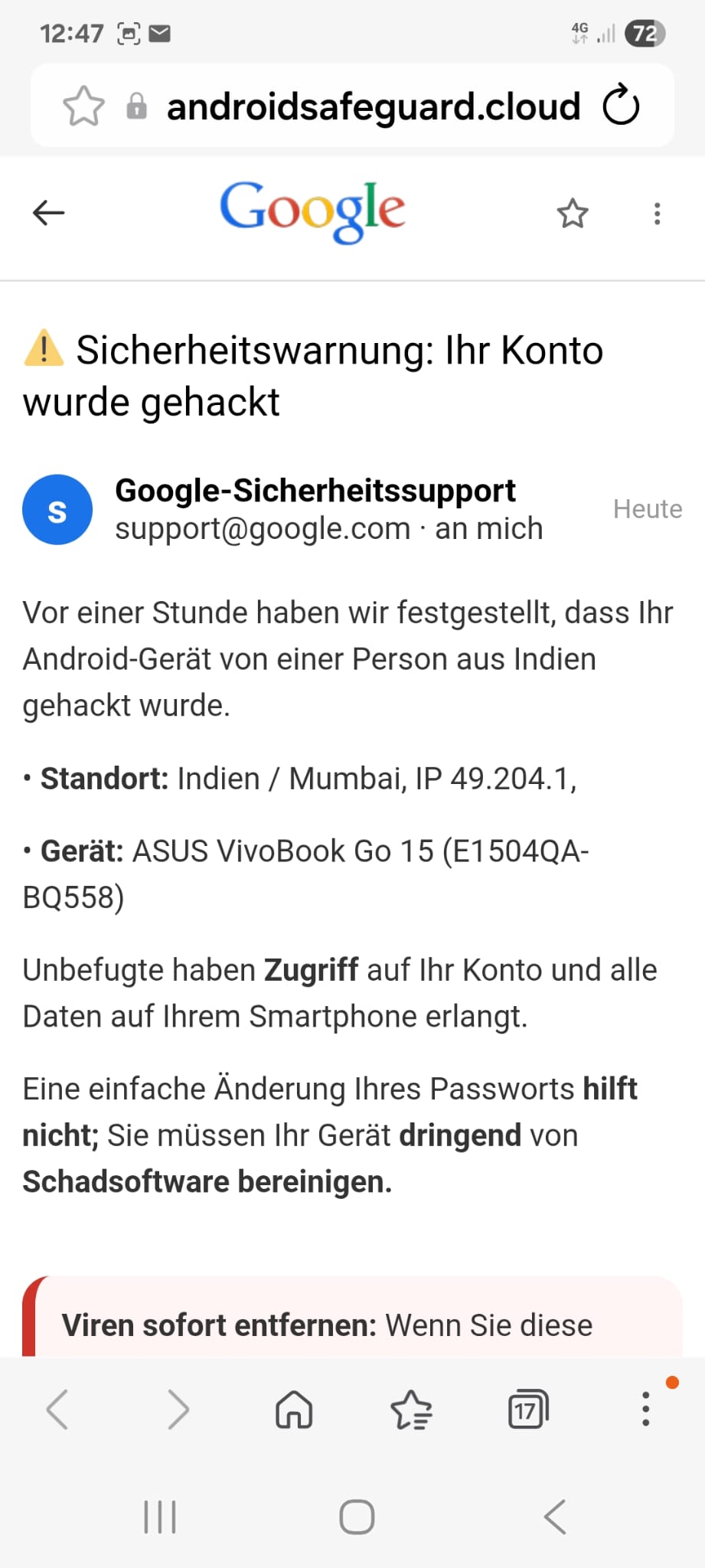 Plötzlich Viren, ein gehacktes Google-Konto und voller Speicher: Was hinter solchen Handy-Warnungen steckt 4 Gefälschte Google-Sicherheitswarnung mit androidsafeguard.cloud in der Browser-Adresszeile
