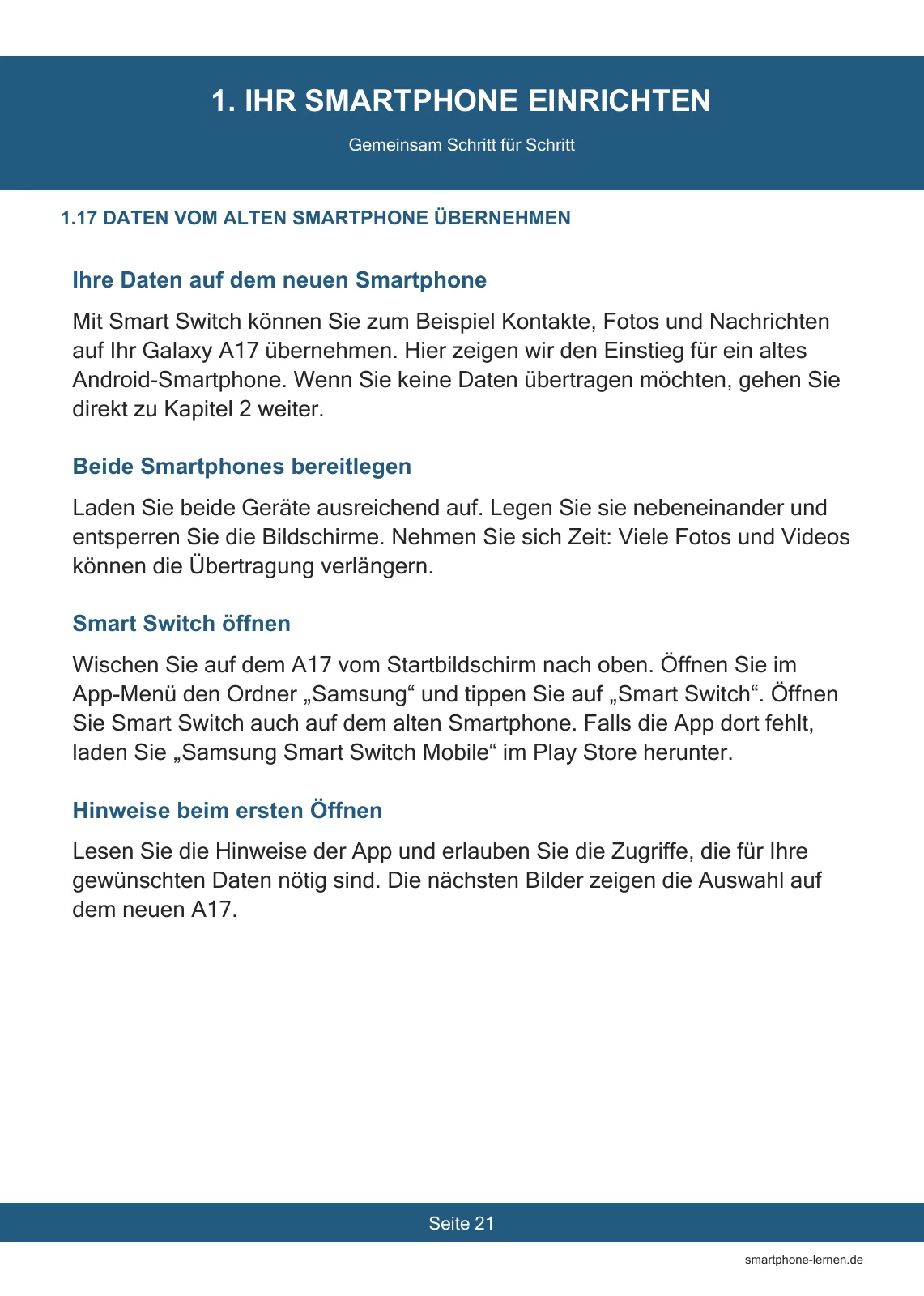 Für Samsung Galaxy A17 – Die Komplettanleitung für Senioren – PDF 6 Galaxy A17 Anleitung, Seite 21: Daten mit Smart Switch vom alten Smartphone übernehmen