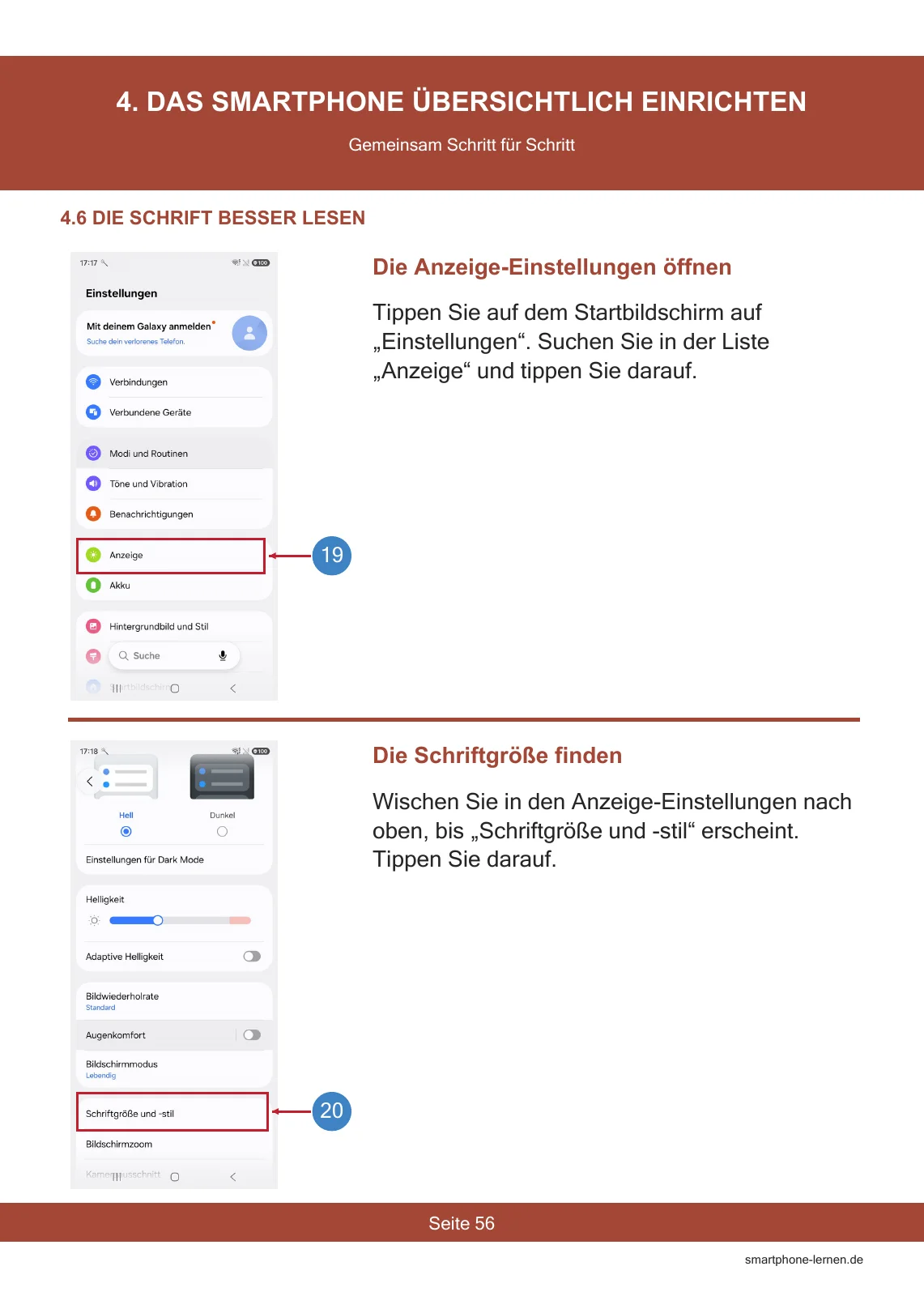 Für Samsung Galaxy A17 – Die Komplettanleitung für Senioren – PDF 7 Galaxy A17 Anleitung, Seite 56: Einstellungen für die Schriftgröße öffnen