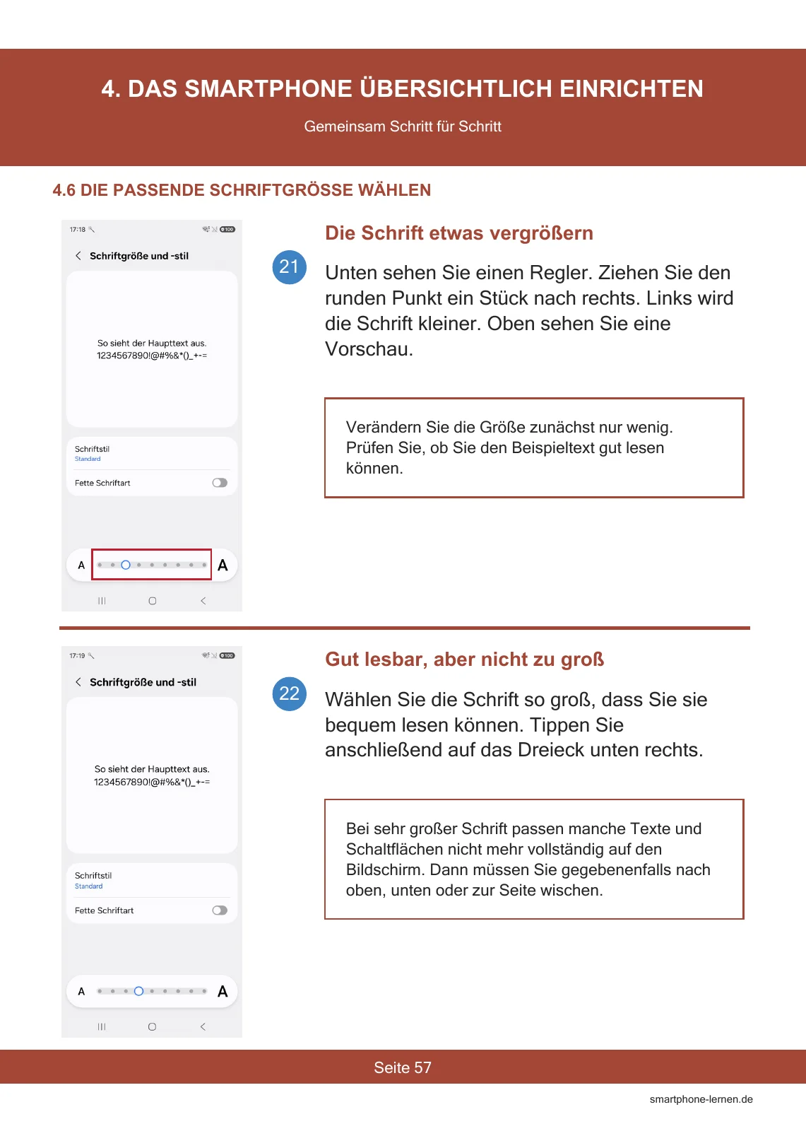 Für Samsung Galaxy A17 – Die Komplettanleitung für Senioren – PDF 8 Galaxy A17 Anleitung, Seite 57: Schrift vergrößern und Lesbarkeit prüfen