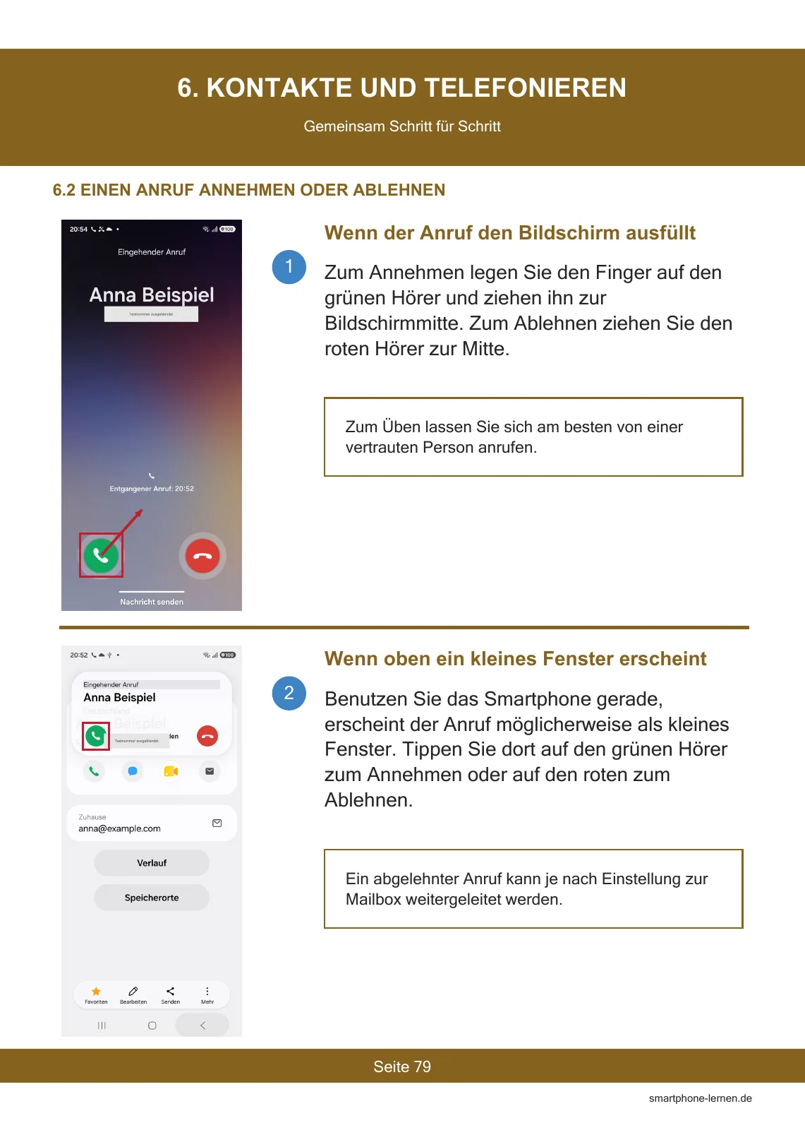 Für Samsung Galaxy A17 – Die Komplettanleitung für Senioren – PDF 9 Galaxy A17 Anleitung, Seite 79: einen eingehenden Anruf annehmen oder ablehnen