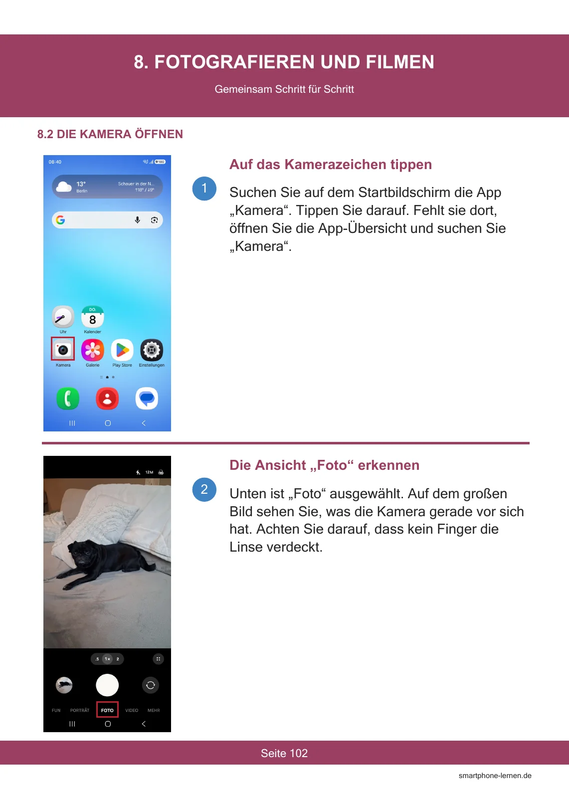 Für Samsung Galaxy A17 – Die Komplettanleitung für Senioren – PDF 10 Galaxy A17 Anleitung, Seite 102: Kamera öffnen und die Fotoansicht erkennen