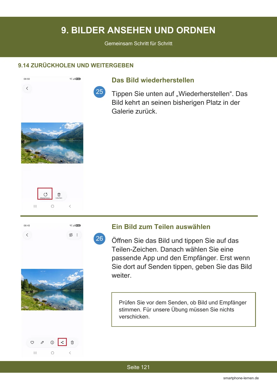 Für Samsung Galaxy A17 – Die Komplettanleitung für Senioren – PDF 11 Galaxy A17 Anleitung, Seite 121: ein Foto wiederherstellen und zum Teilen auswählen
