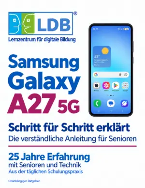Samsung Galaxy A27 5G – LDB-PDF-Anleitung für Senioren, Cover mit magentafarbener Modellbezeichnung