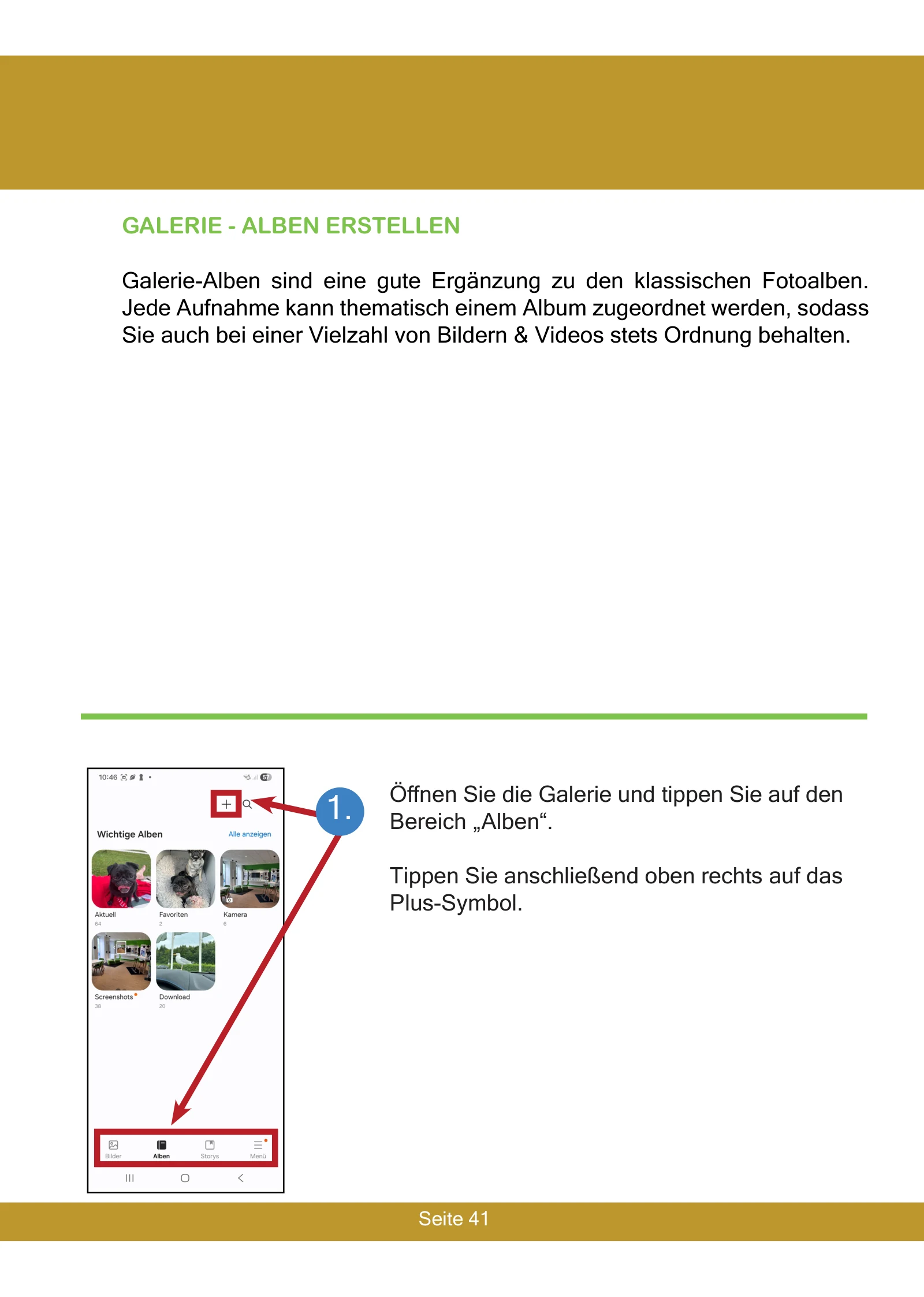 Smartphone-Anleitung für Senioren 2026 – PDF 5 Beispielseite 41: Ein Fotoalbum in der Smartphone-Galerie anlegen