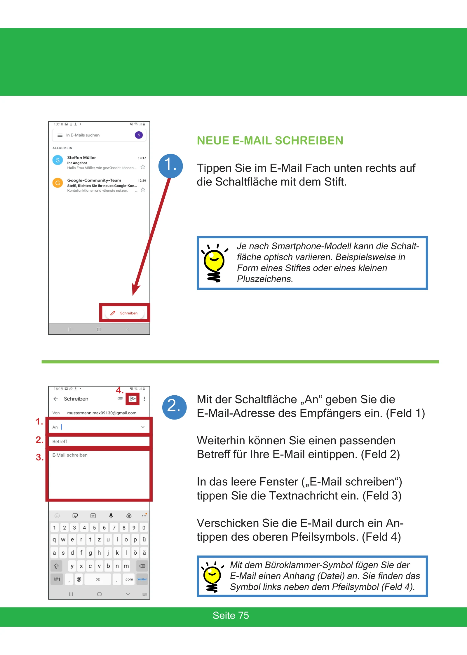 Smartphone-Anleitung für Senioren 2026 – PDF 7 Beispielseite 75: Eine neue E-Mail mit Gmail schreiben
