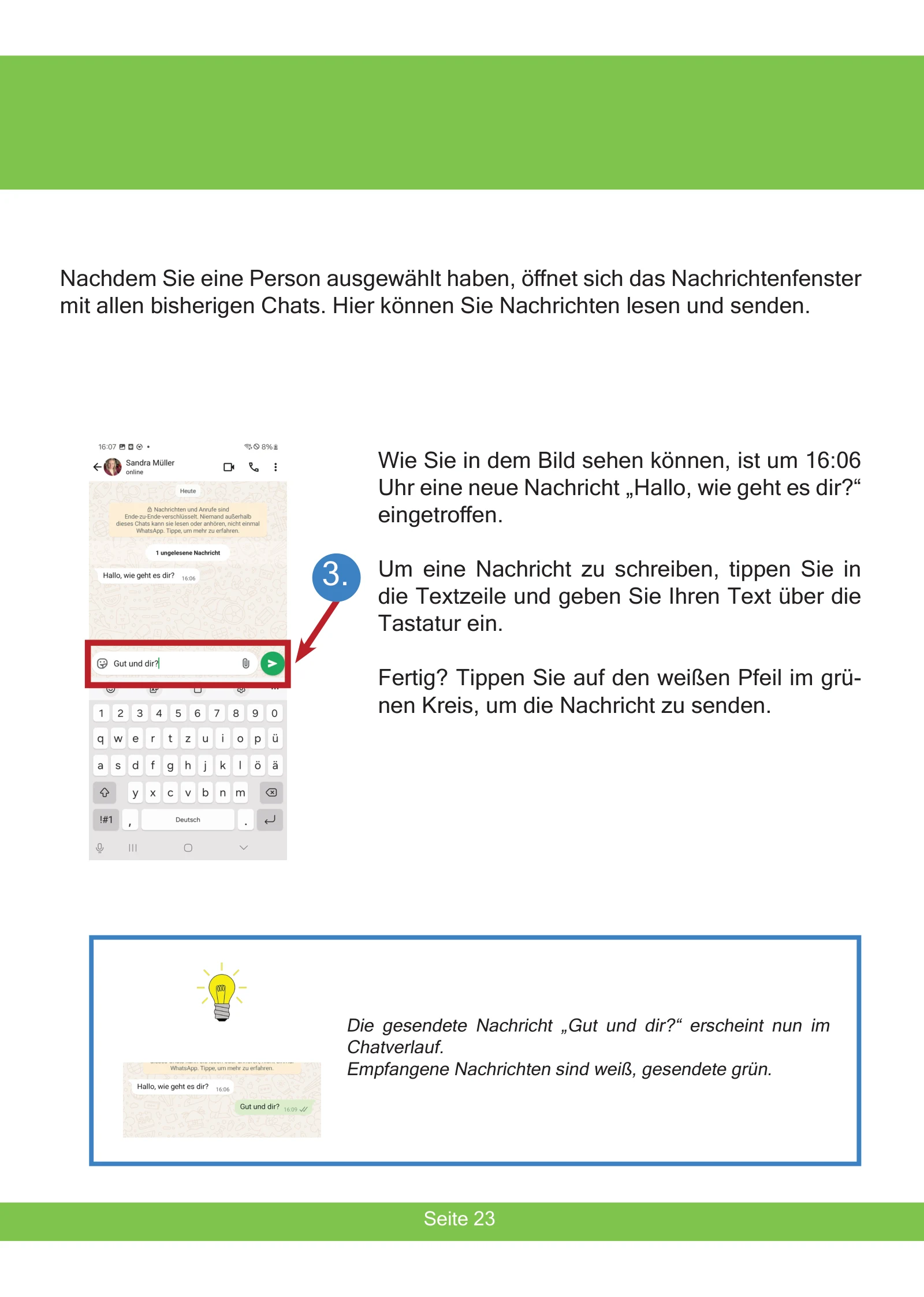 WhatsApp-Anleitung für Senioren 4 Beispielseite: Eine WhatsApp-Nachricht schreiben und senden