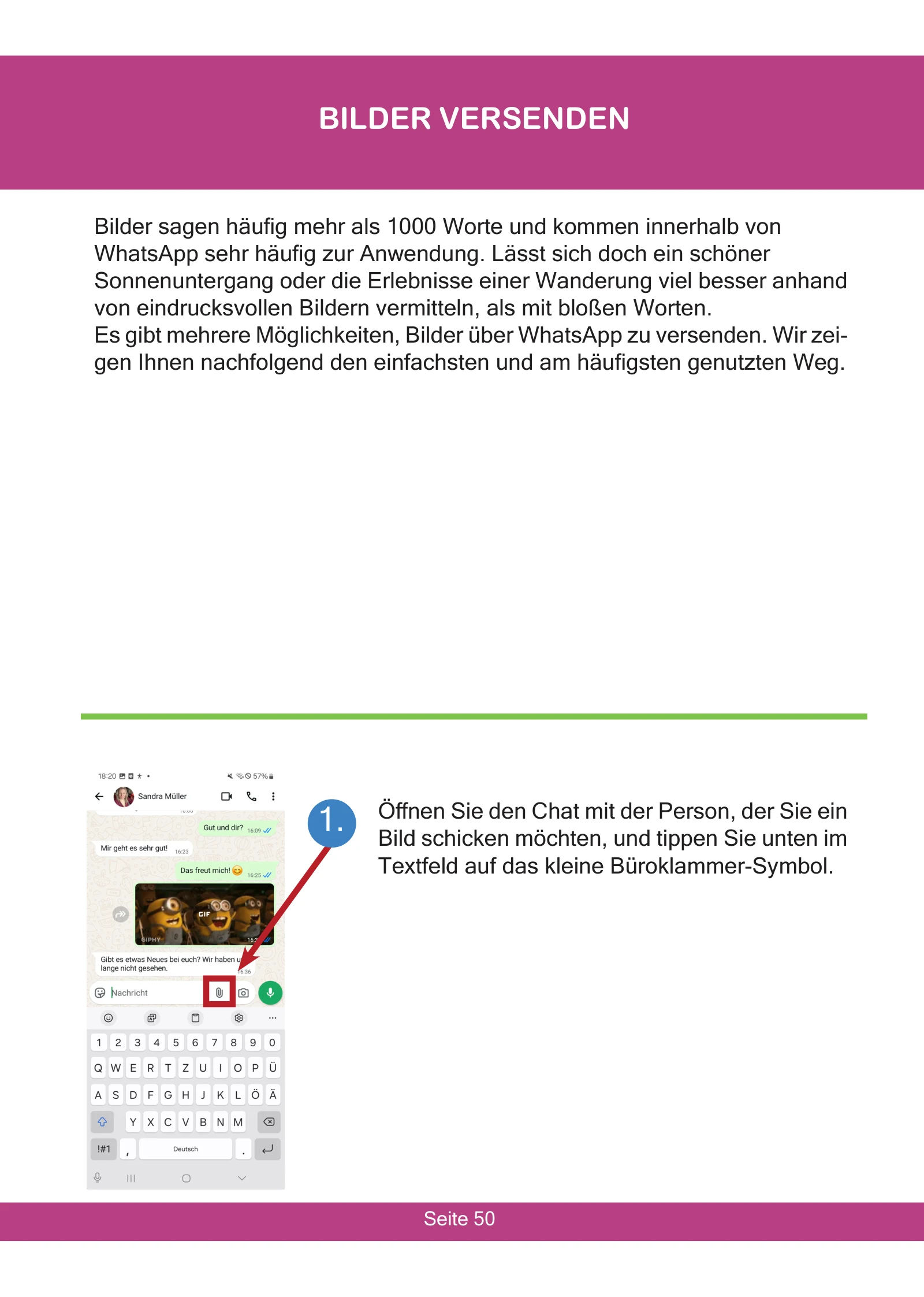 WhatsApp-Anleitung für Senioren 5 Beispielseite: Bilder über das Büroklammer-Symbol in WhatsApp versenden