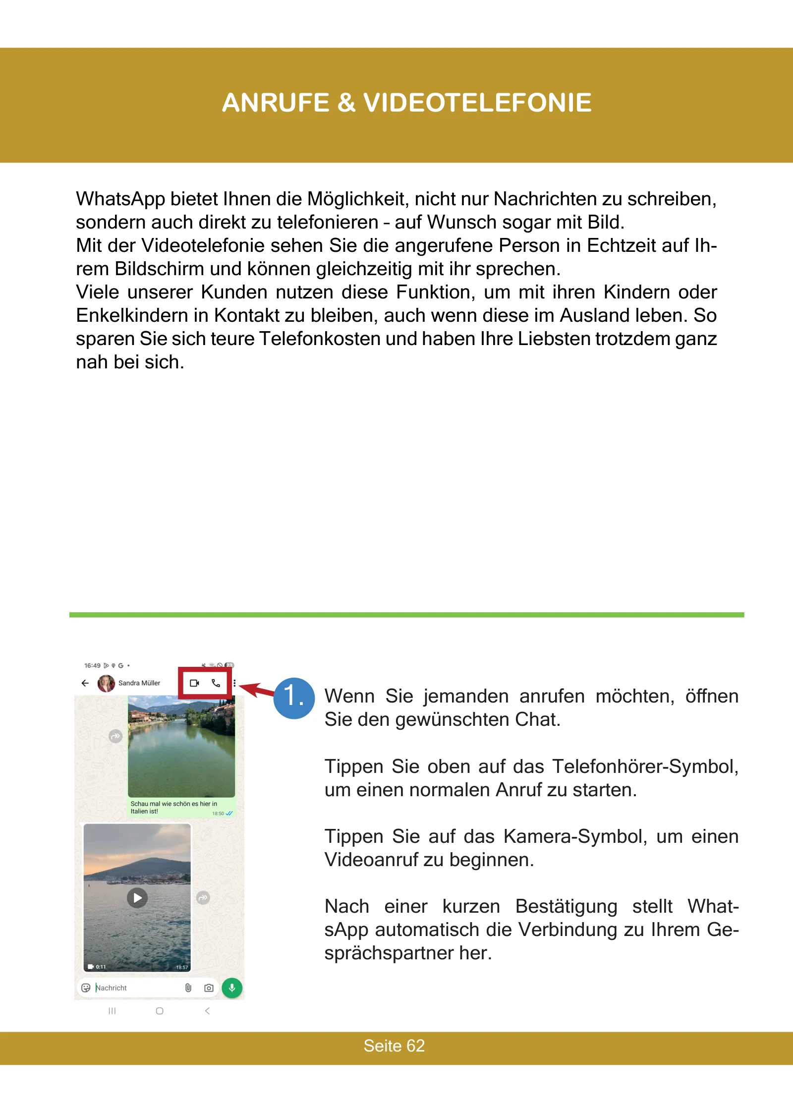 WhatsApp-Anleitung für Senioren 6 Beispielseite: Einen WhatsApp-Anruf oder Videoanruf starten