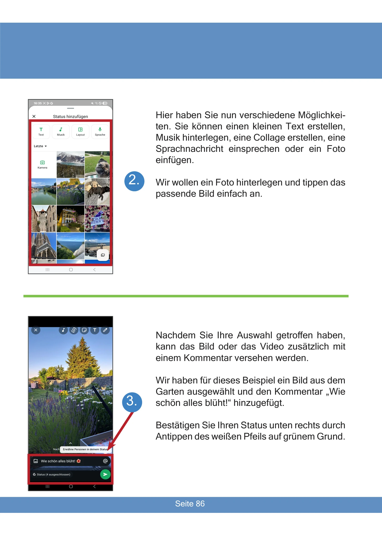 WhatsApp-Anleitung für Senioren 7 Beispielseite: Ein Foto auswählen und im WhatsApp-Status veröffentlichen